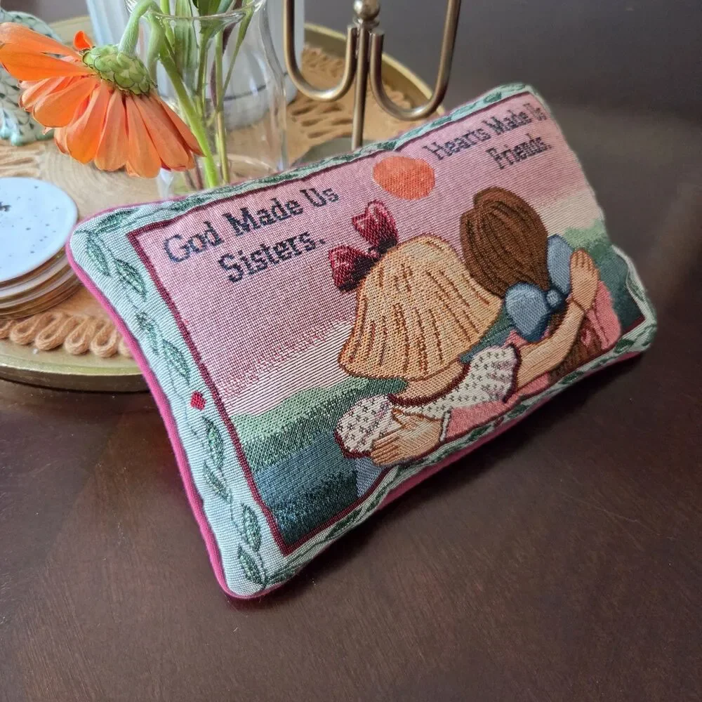 Vtg Tapestry Needlepoint  Friend/Sisters Decorative Throw Pillow Floral Cottage